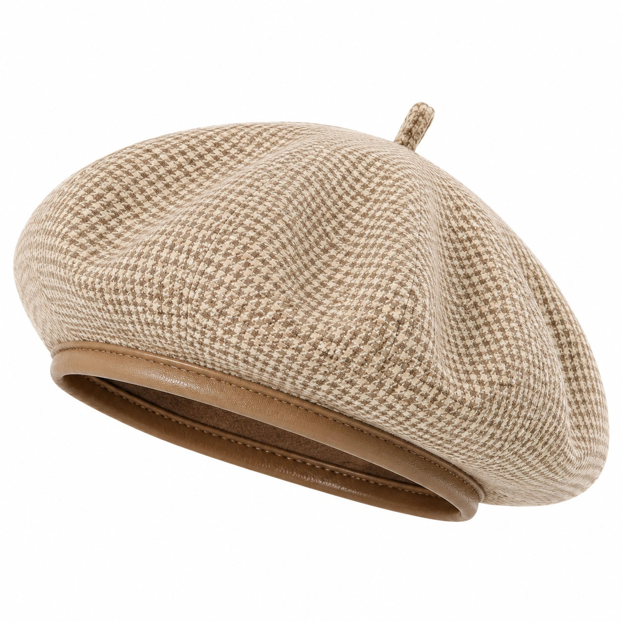 Berretto basco taglia unica in tessuto beige con motivo pied de poule stile casual