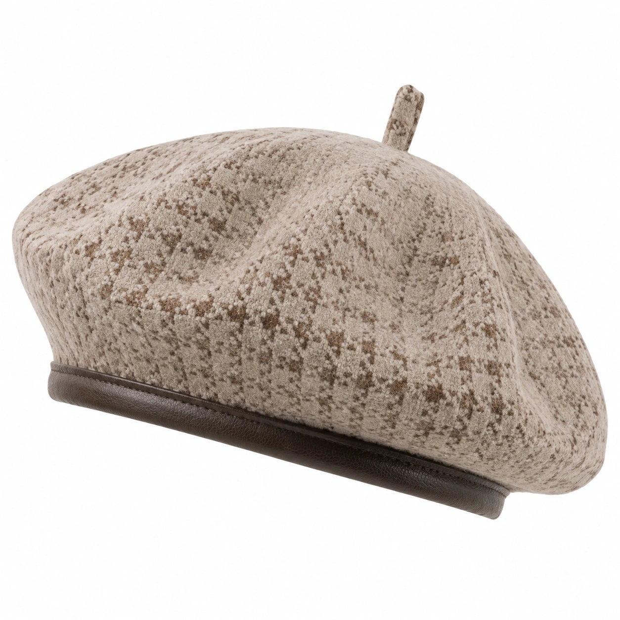 Berretto basco taglia unica in tessuto effetto peluche beige e marrone con bordo similpelle stile casual
