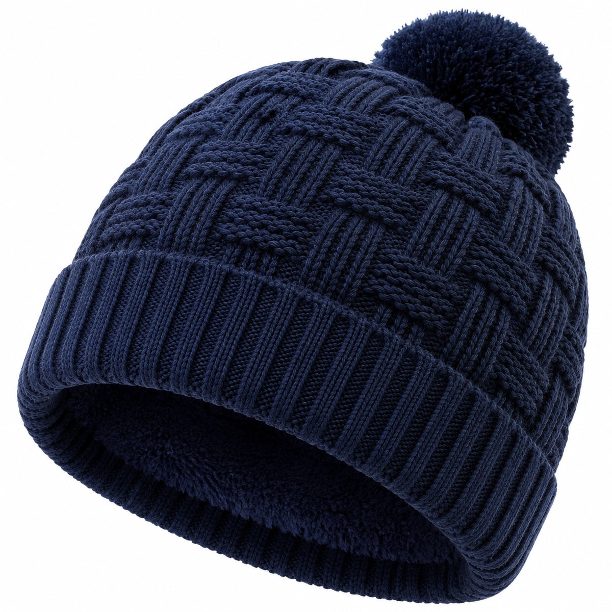 Berretto in maglia taglia unica blu navy con pompon - accessorio invernale a coste