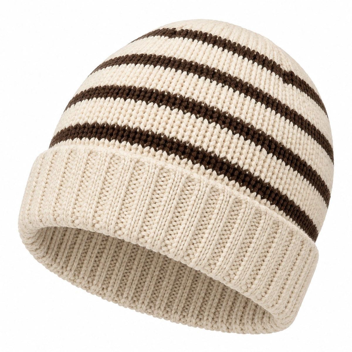 Cappello in maglia taglia unica panna marrone a righe con risvolto
