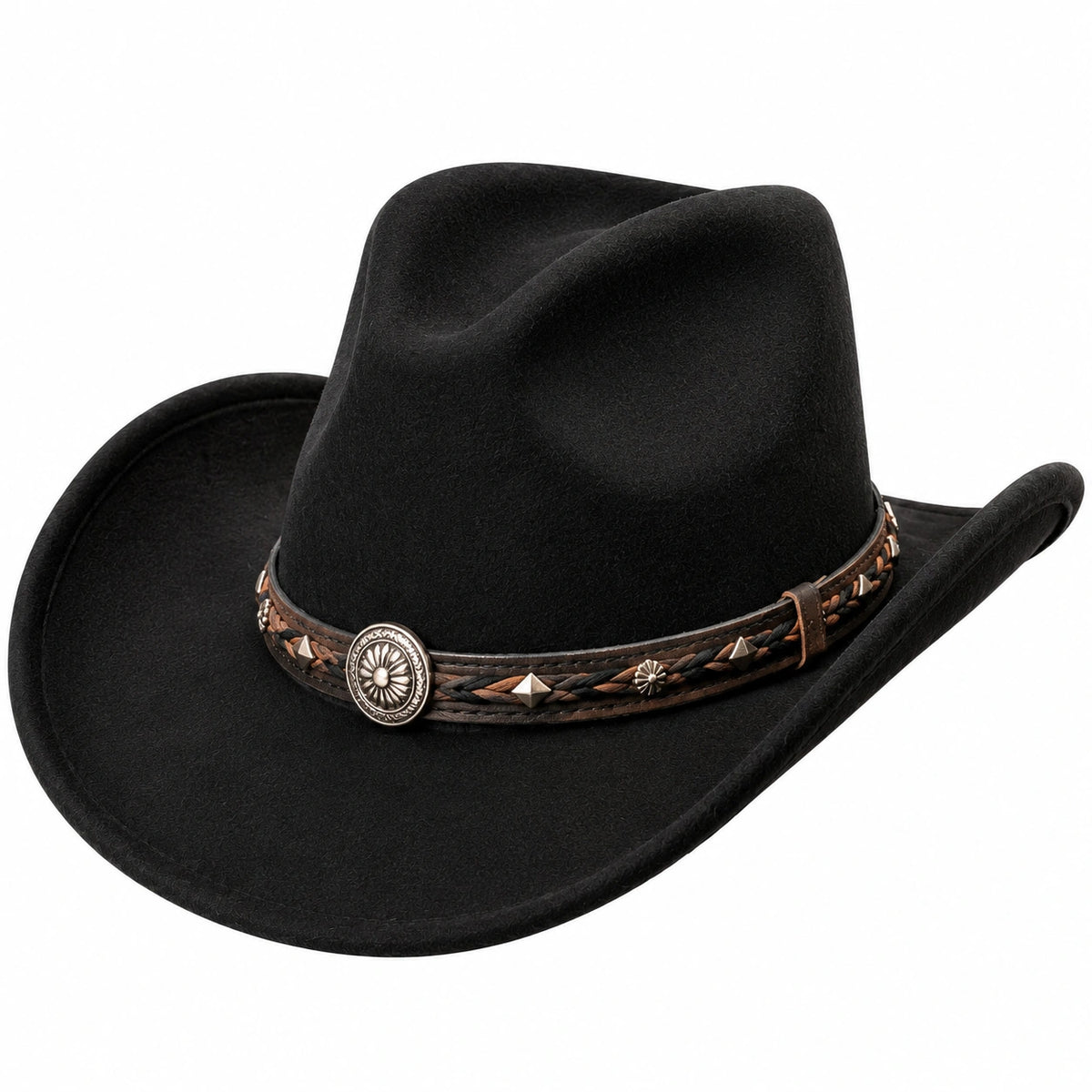 Cappello cowboy taglia unica in feltro nero con fascia decorativa stile western