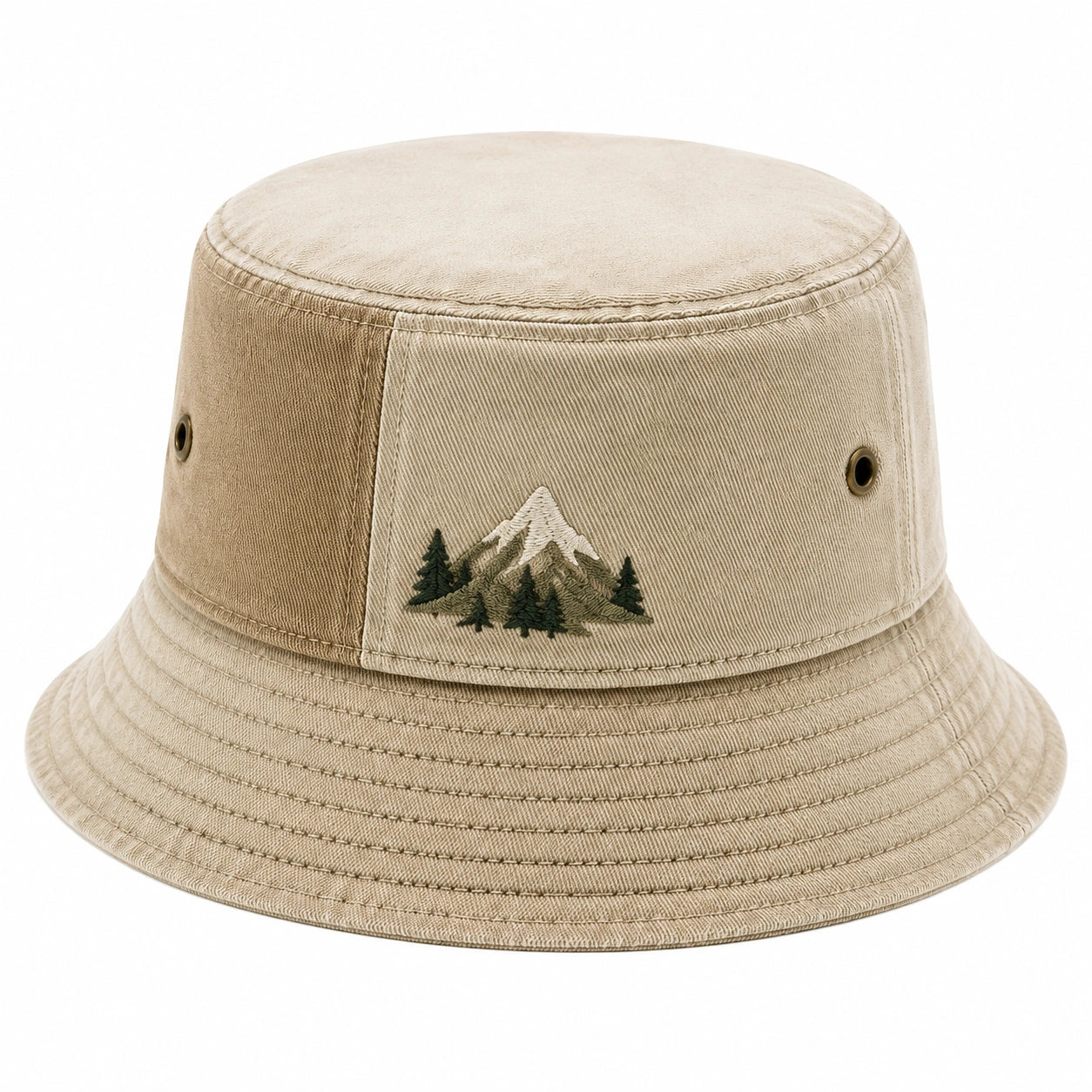 Cappello pescatore taglia unica in cotone beige con ricamo montagna stile casual