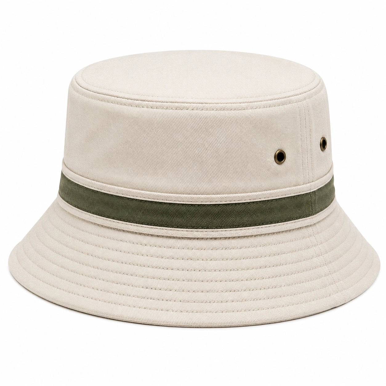 Cappello a secchiello taglia unica in tessuto beige e verde con occhielli traspiranti