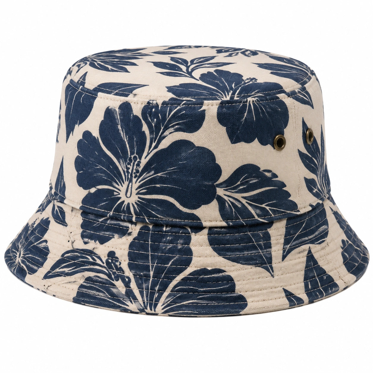 Cappello da pescatore taglia unica in tessuto beige/blu con stampa floreale e occhielli