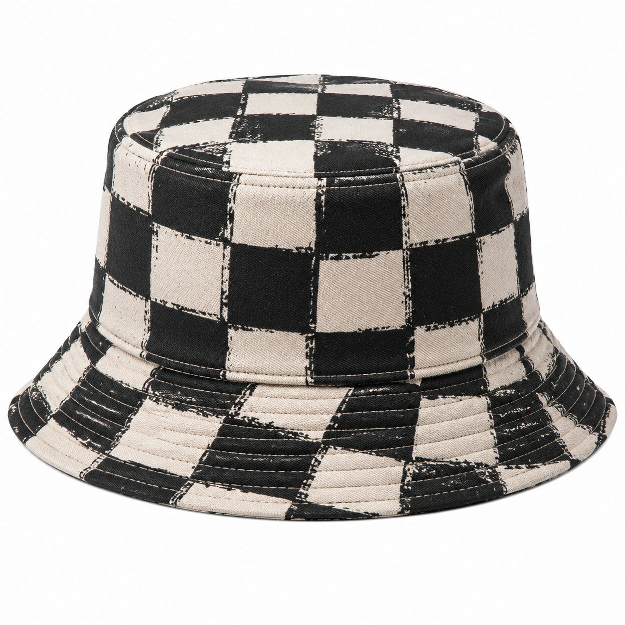 Cappello da pescatore taglia unica in tessuto nero e beige a quadri - stile casual