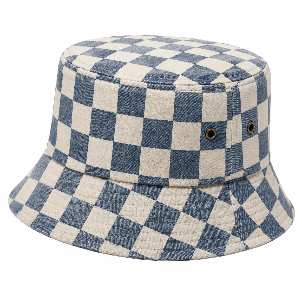 Cappello pescatore taglia unica in cotone denim blu e beige a quadri - tesa morbida